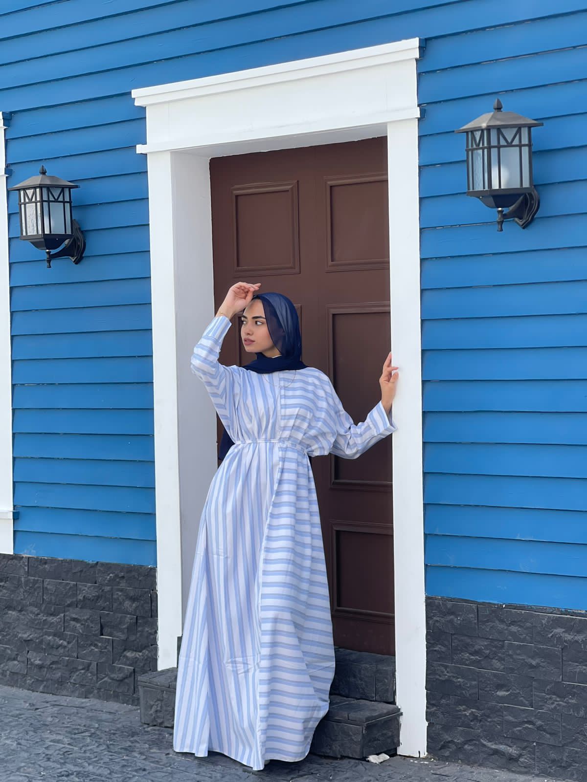 belted stripes dress in blue