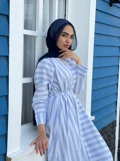 belted stripes dress in blue