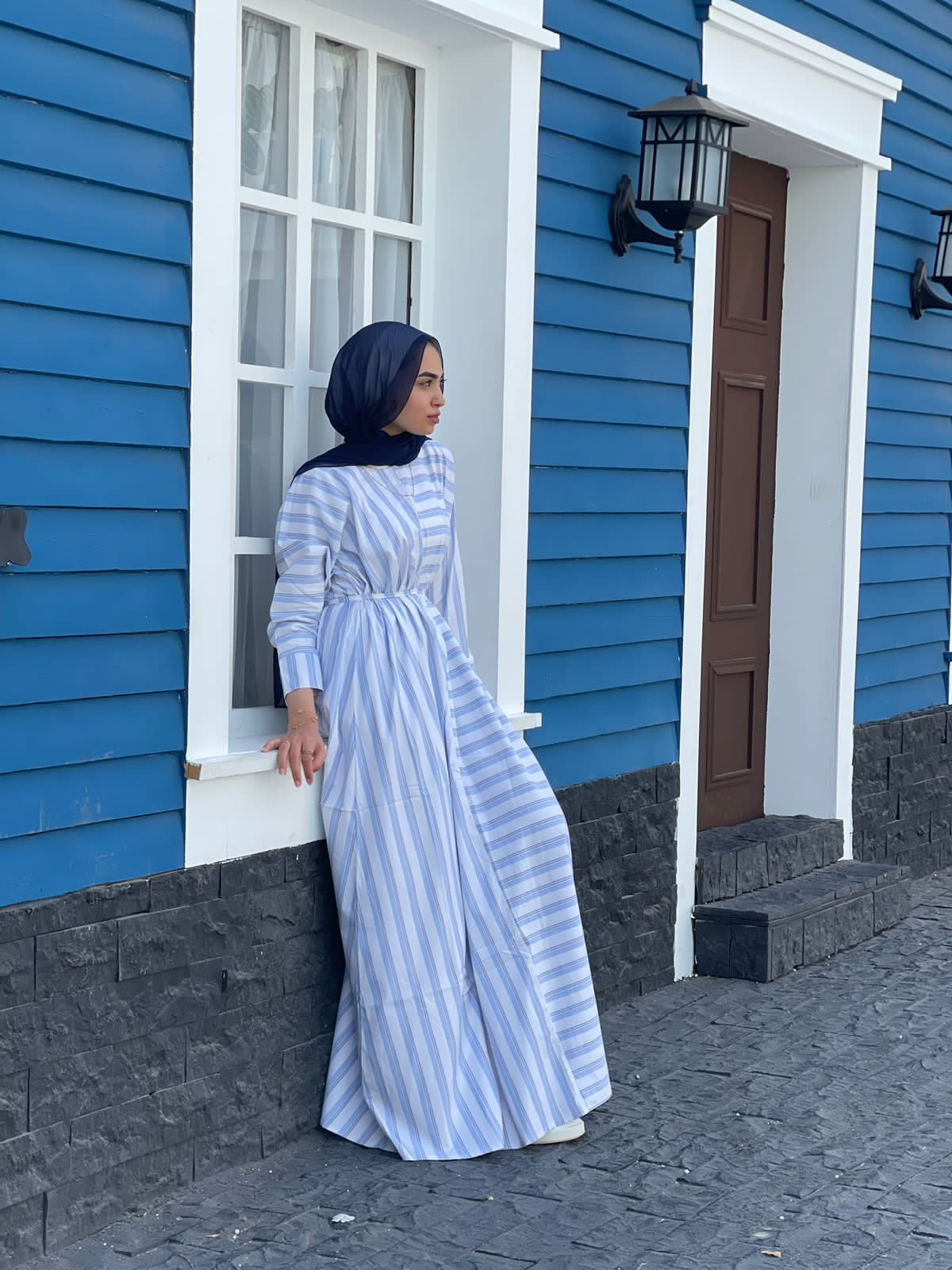 belted stripes dress in blue