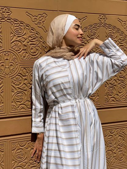 belted stripes dress in cafe