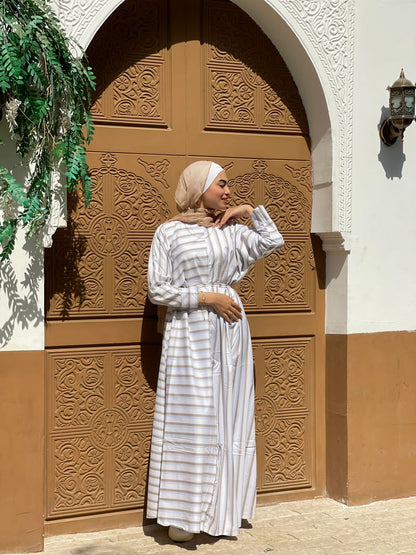belted stripes dress in cafe