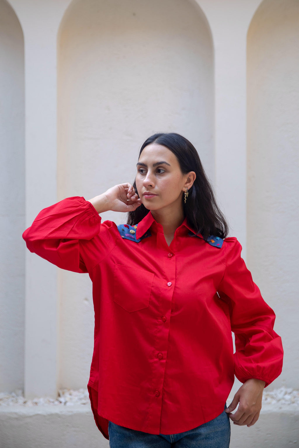 Red blouse with design denim