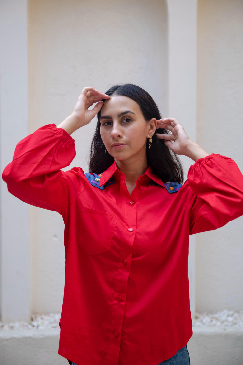 Red blouse with design denim