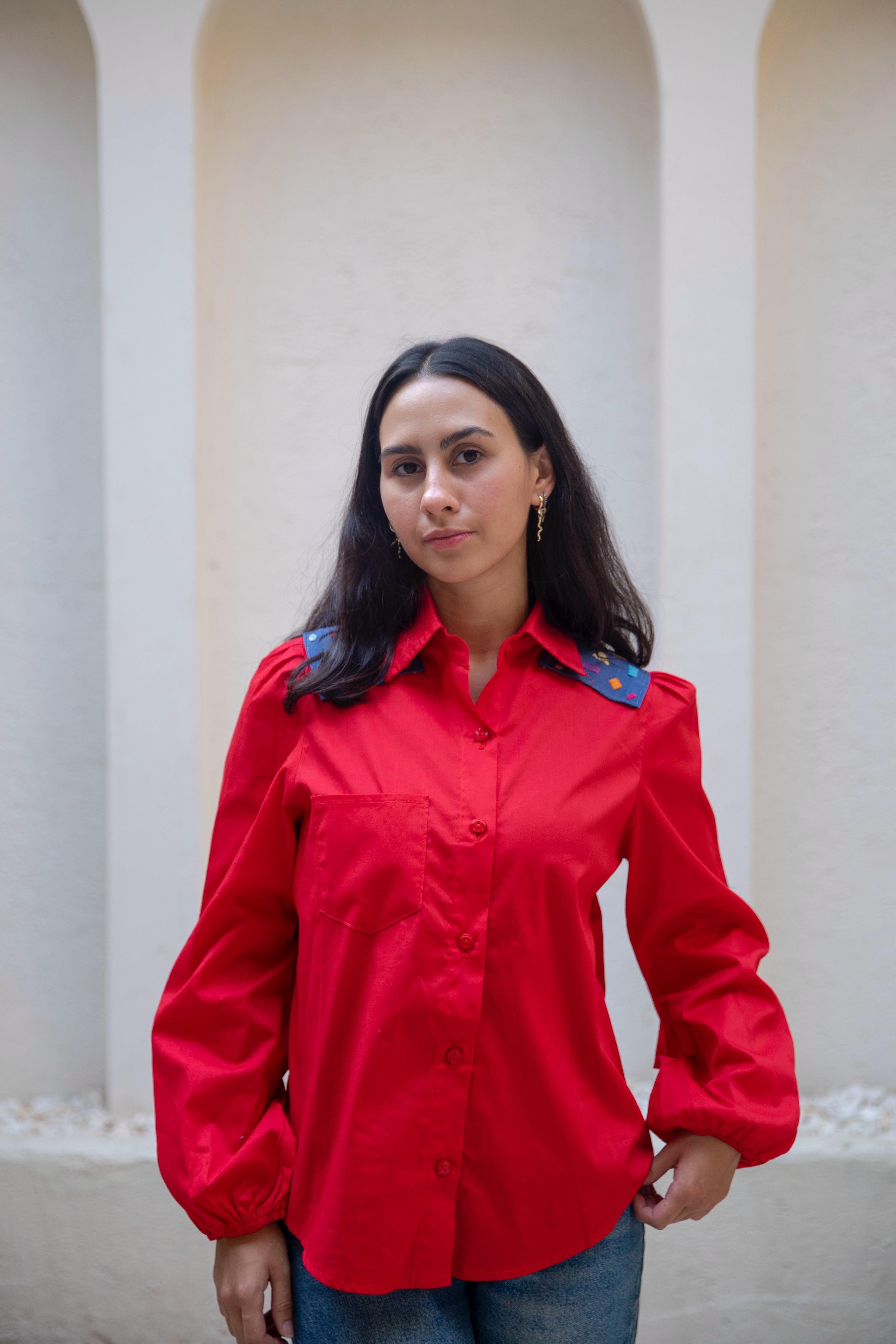 Red blouse with design denim