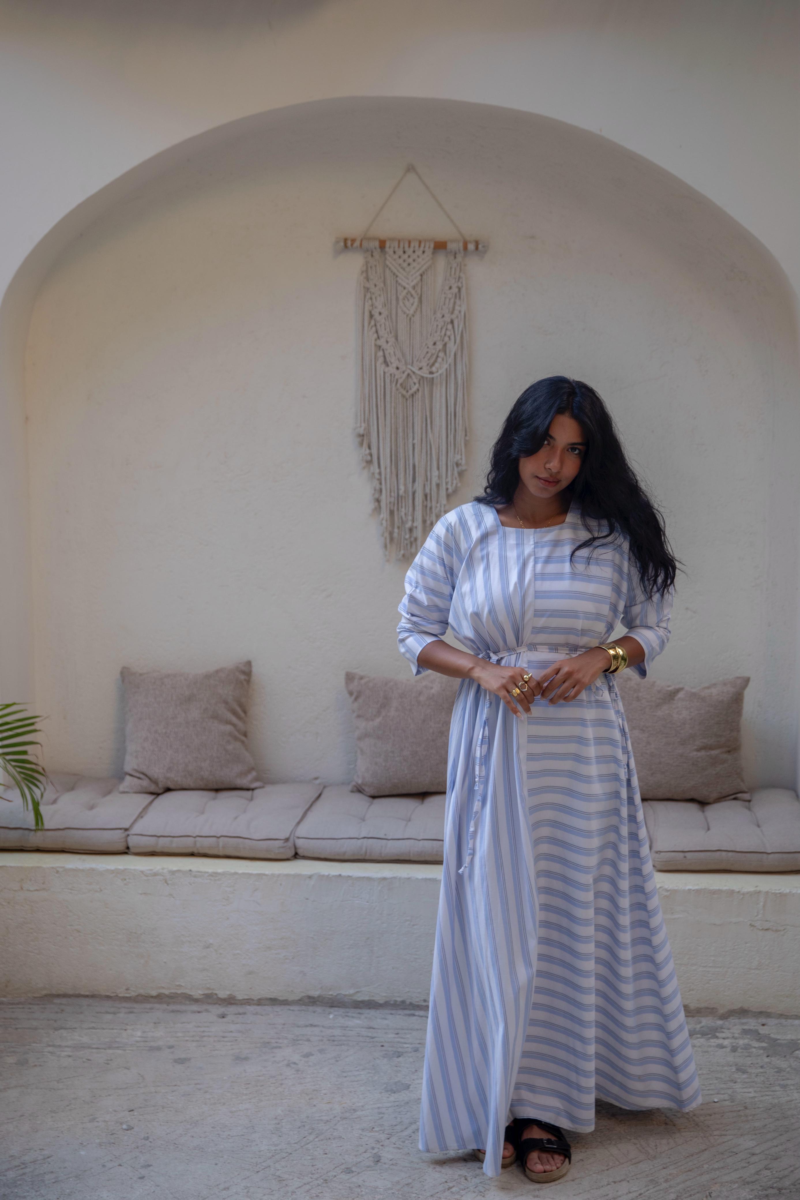 belted stripes dress in blue