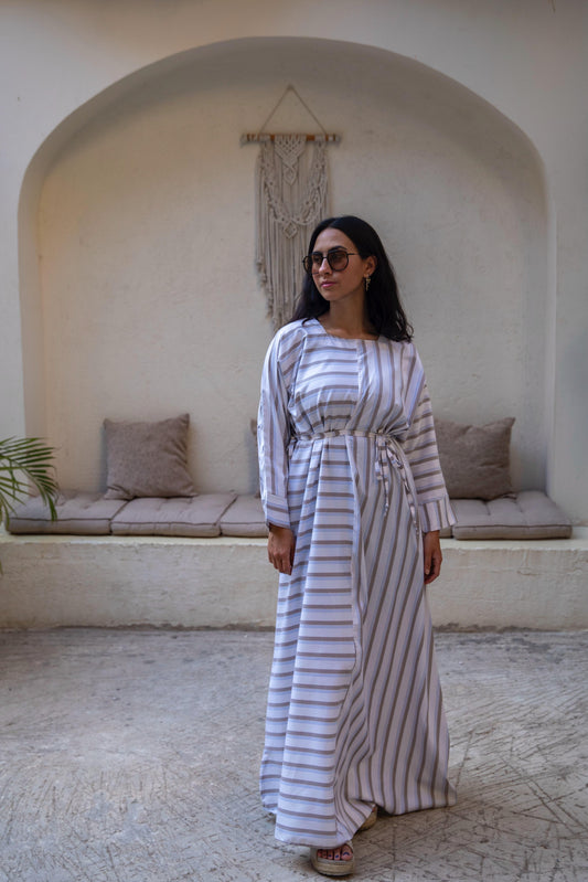 belted stripes dress in cafe