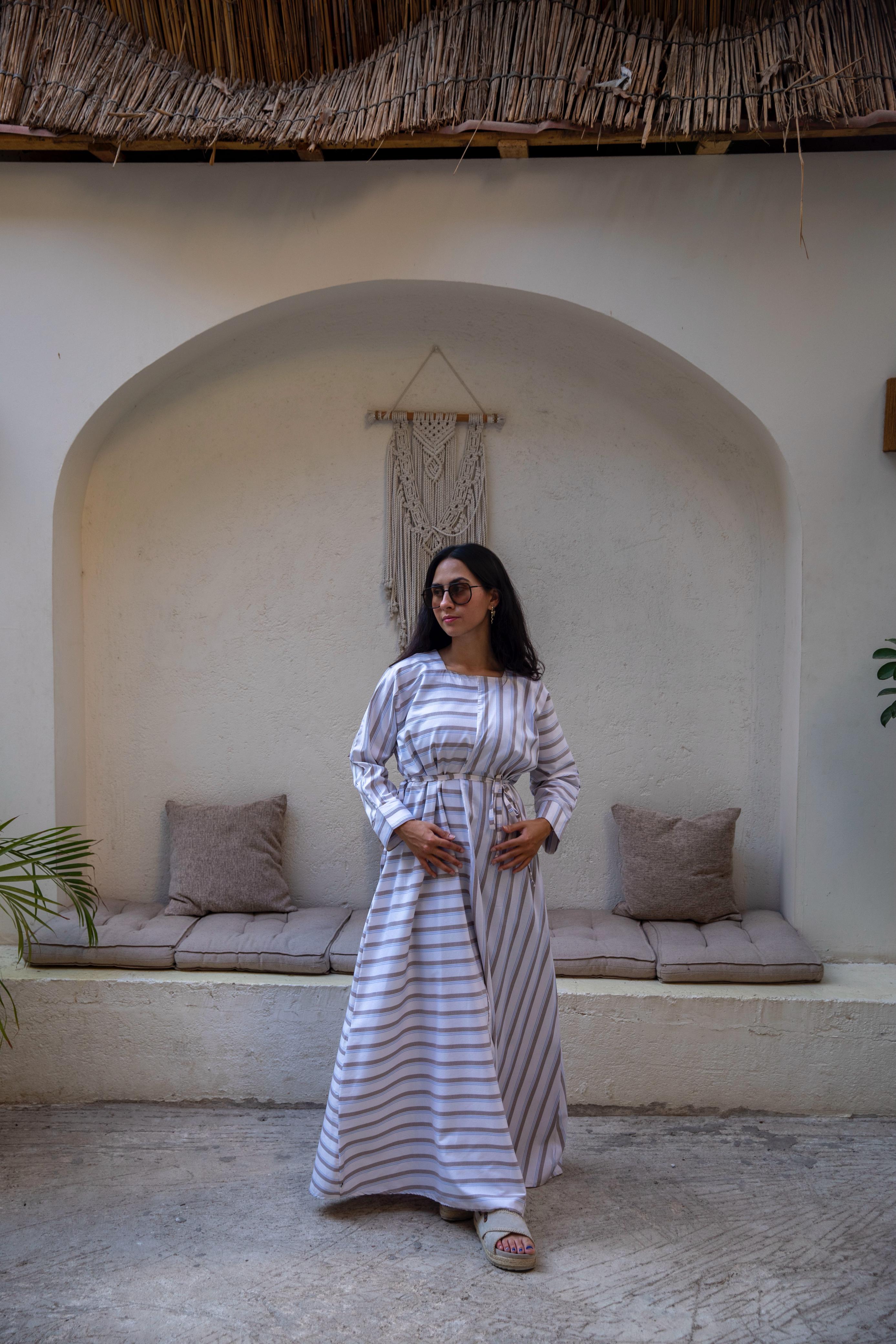 belted stripes dress in cafe