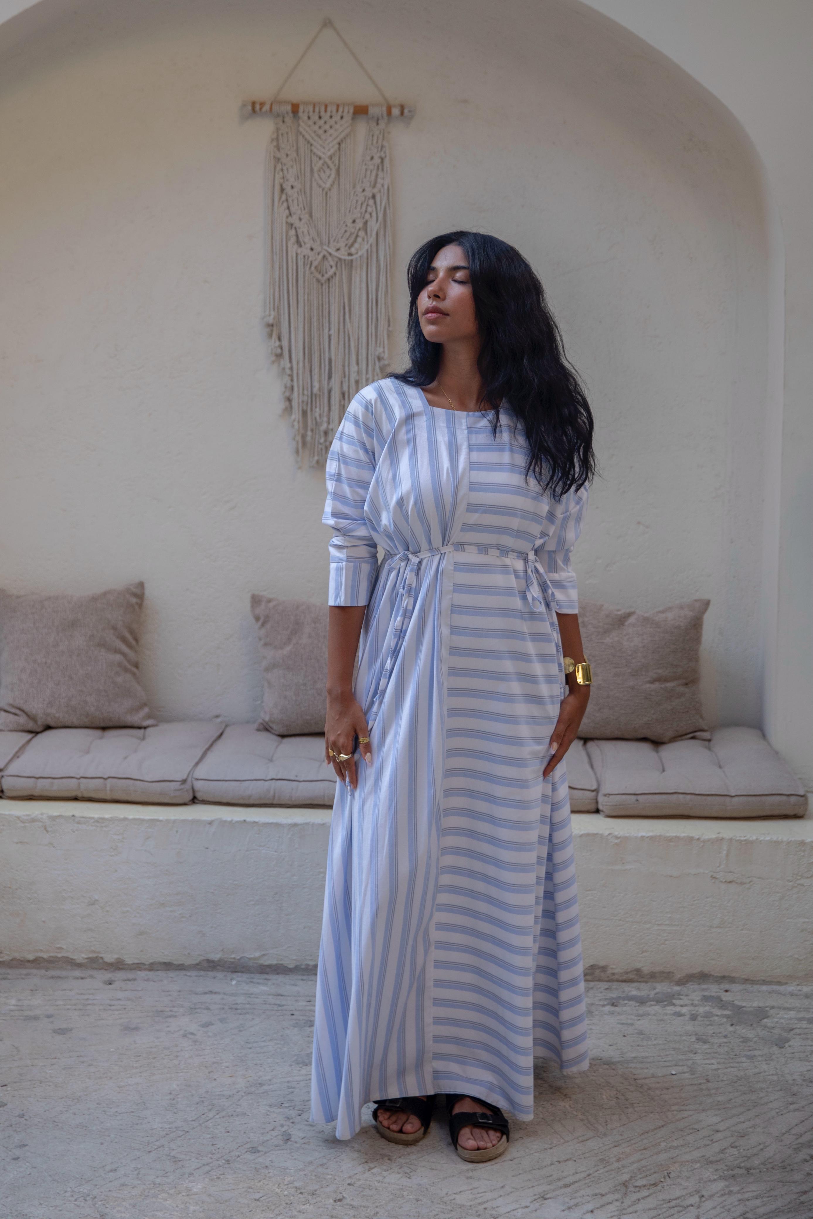 belted stripes dress in blue