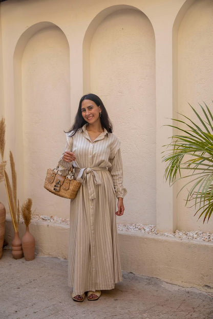 belted shirtdress in beige