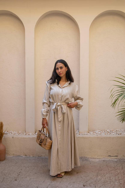 belted shirtdress in beige