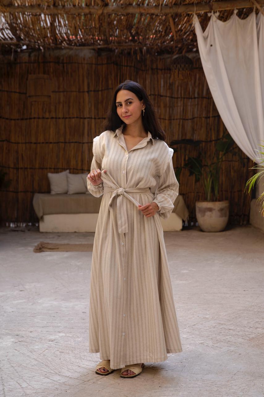 belted shirtdress in beige