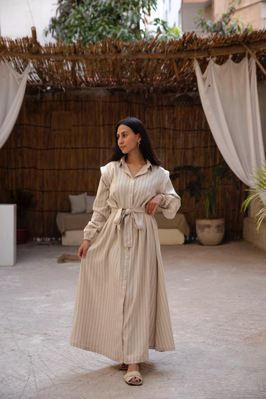 belted shirtdress in beige