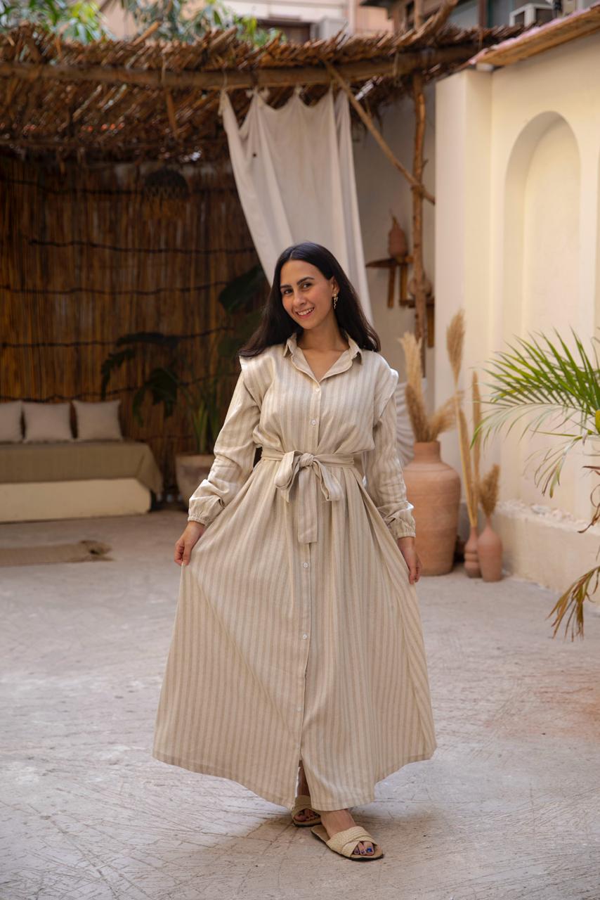 belted shirtdress in beige