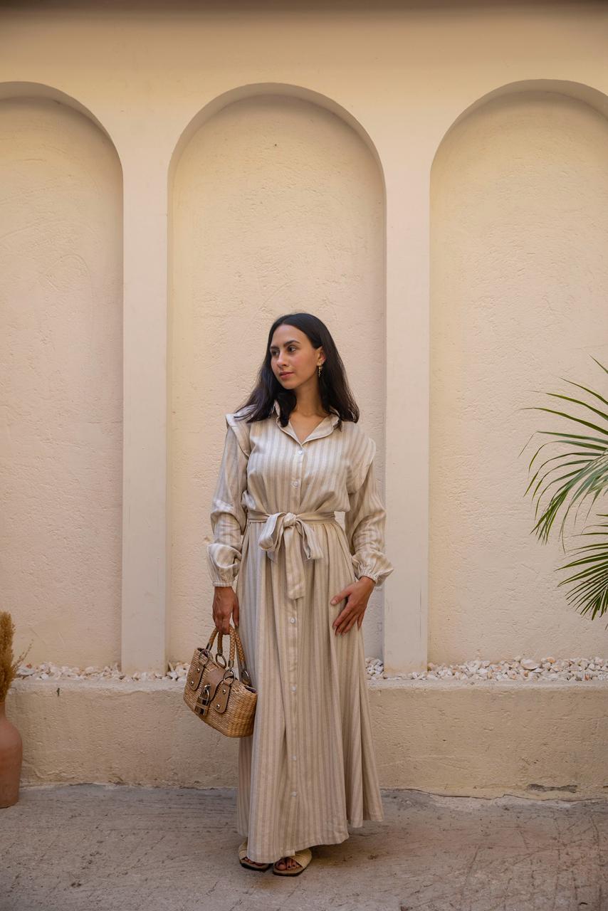belted shirtdress in beige