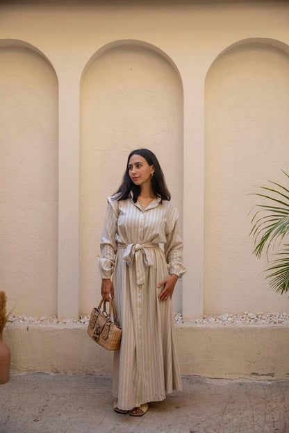 belted shirtdress in beige