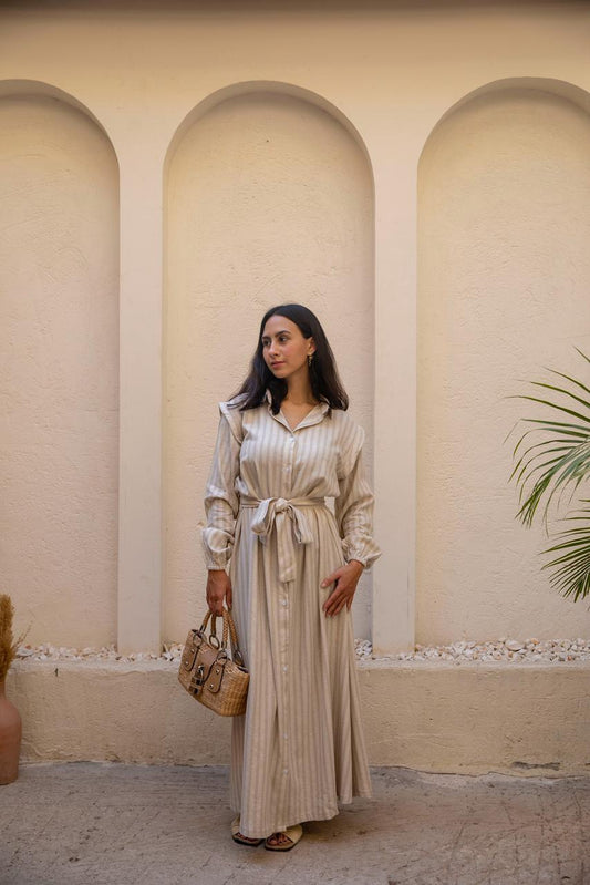 belted shirtdress in beige