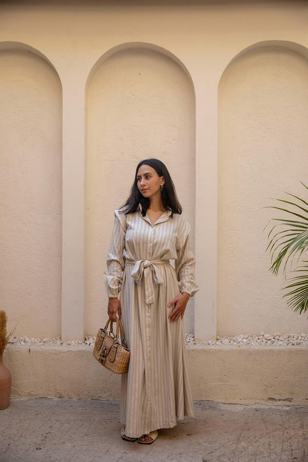 belted shirtdress in beige