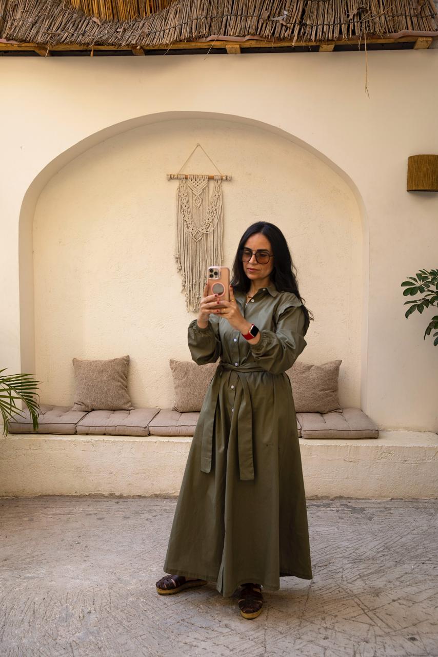 belted shirtdress in olive