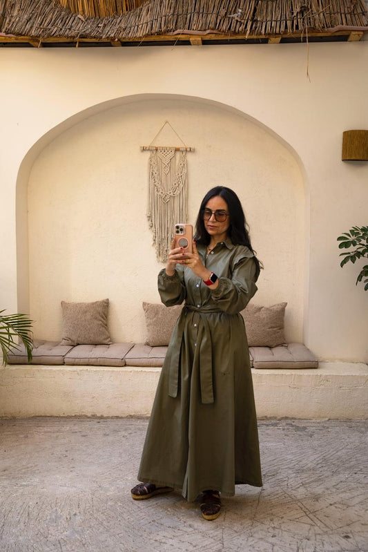 belted shirtdress in olive