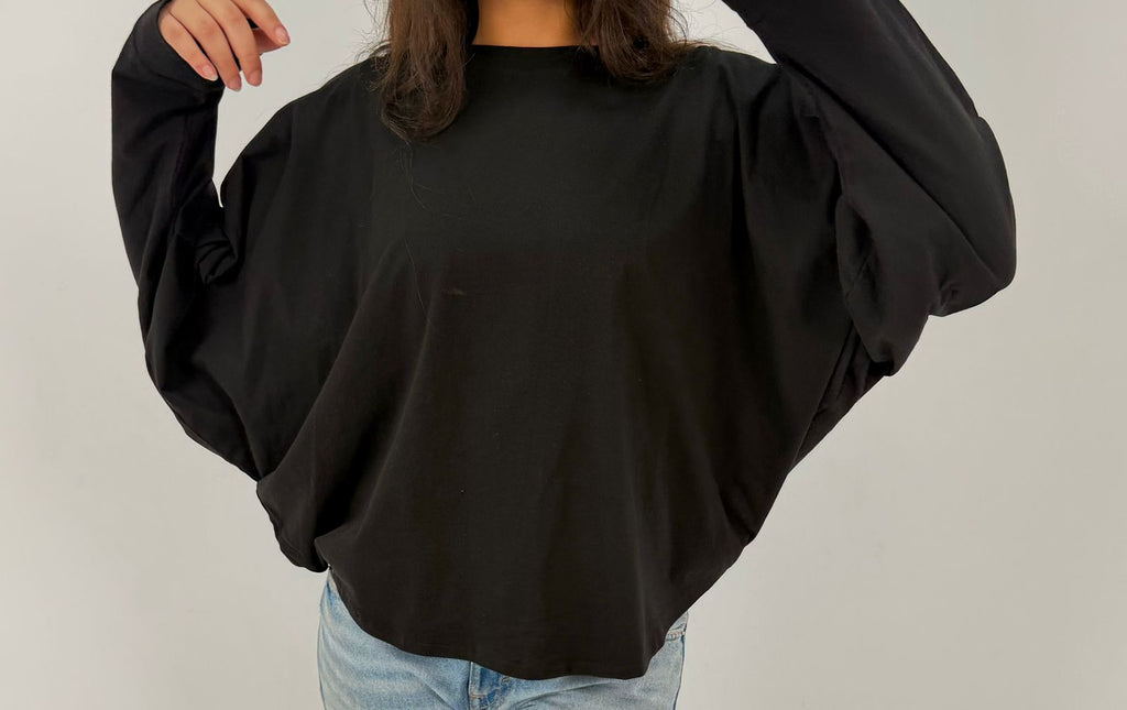 Oversized Batwing Black Cotton T-Shirt