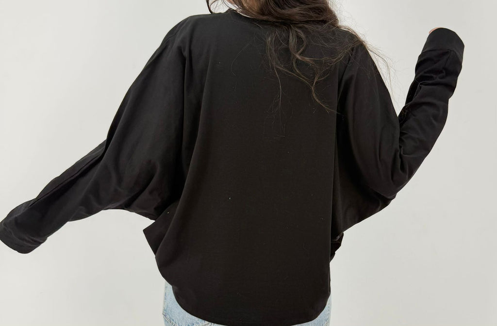 Oversized Batwing Black Cotton T-Shirt