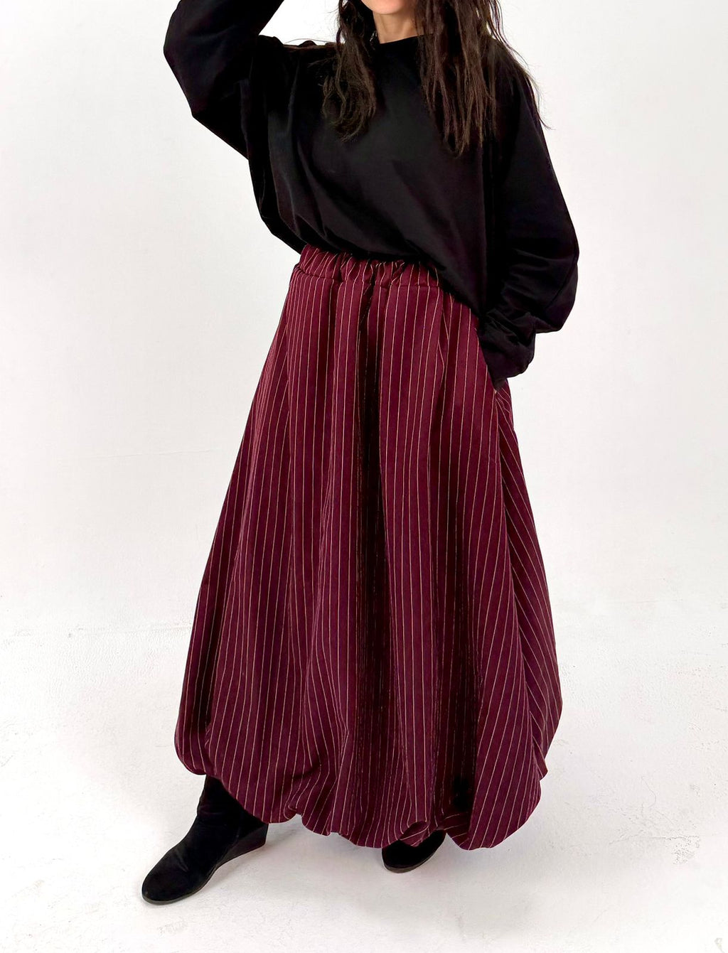 Pinstripe Draped Skirt - Burgundy